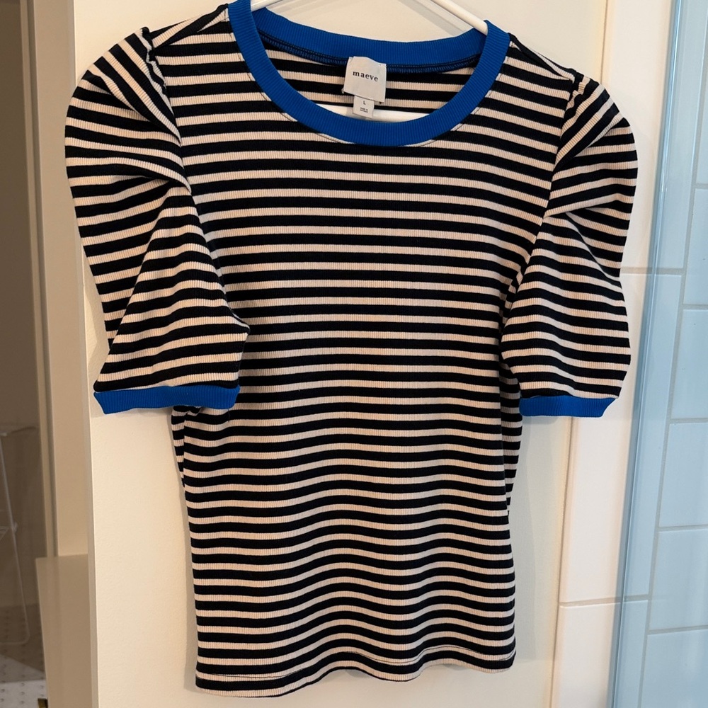 Maeve Black & Tan Striped Tee with Bright Blue Trim